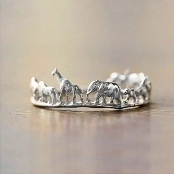 "Paradise" African Safari Animal Giraffe Elephant Zebra Silver Dainty Gift Ring - Picture 7 of 7